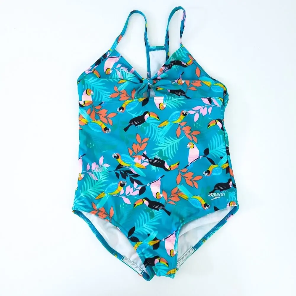 Speedo Girls Bathing Suit One Piece Tropical Toucan Birds Racerback Thin Staps